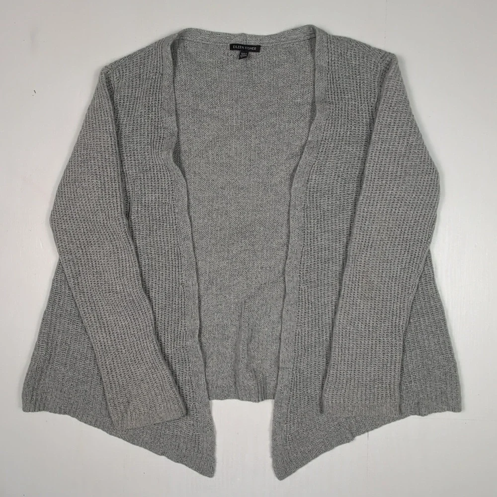 Eileen Fisher 100% Cashmere Grey Open Front Cardigan Sweater Medium Italian Yarn